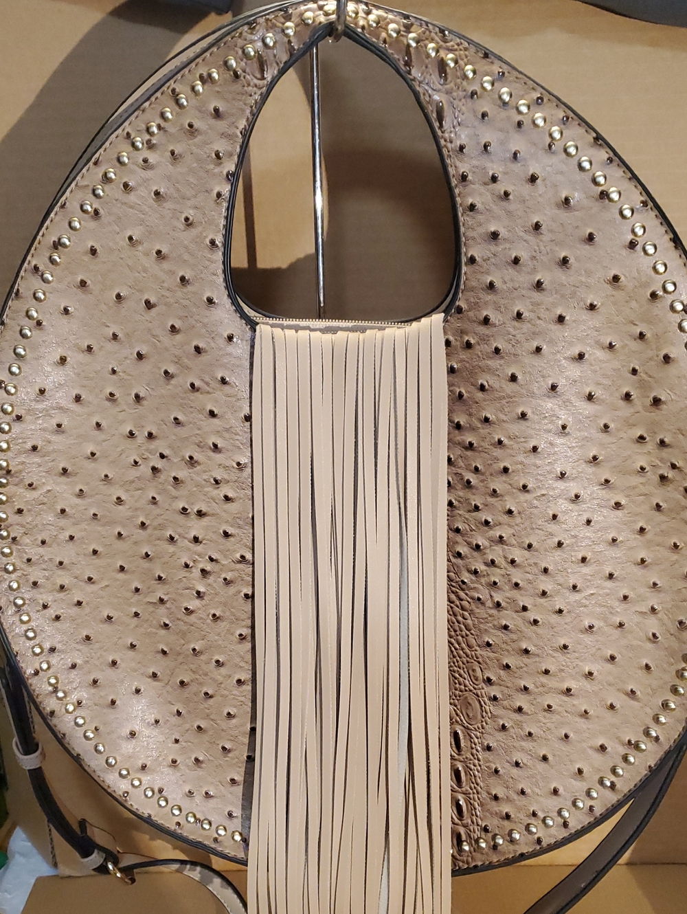 Fringed Beige Ostrich-Texture Hobo Shoulder Bag
